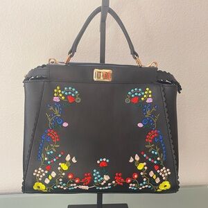 HANDBAG REPUBLIC FLORA EMBROIDERED HANDBAG DESIGN TOP HANDLE VEGAN LEATHER